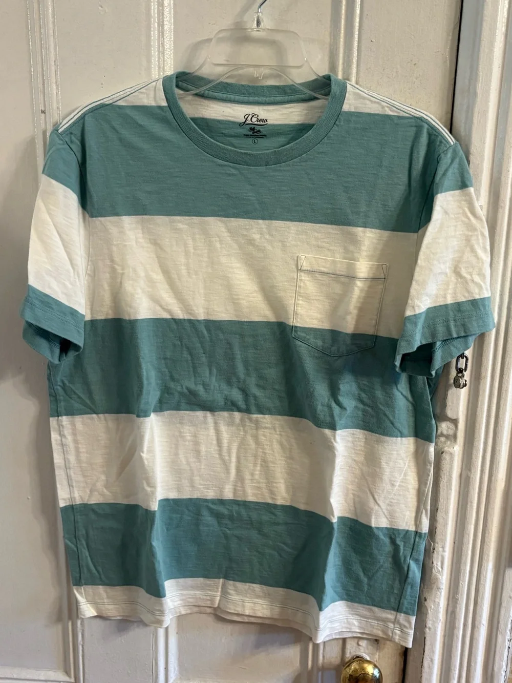 J. Crew Men's Teal and White Horizontal-Stripe Pocket Tee